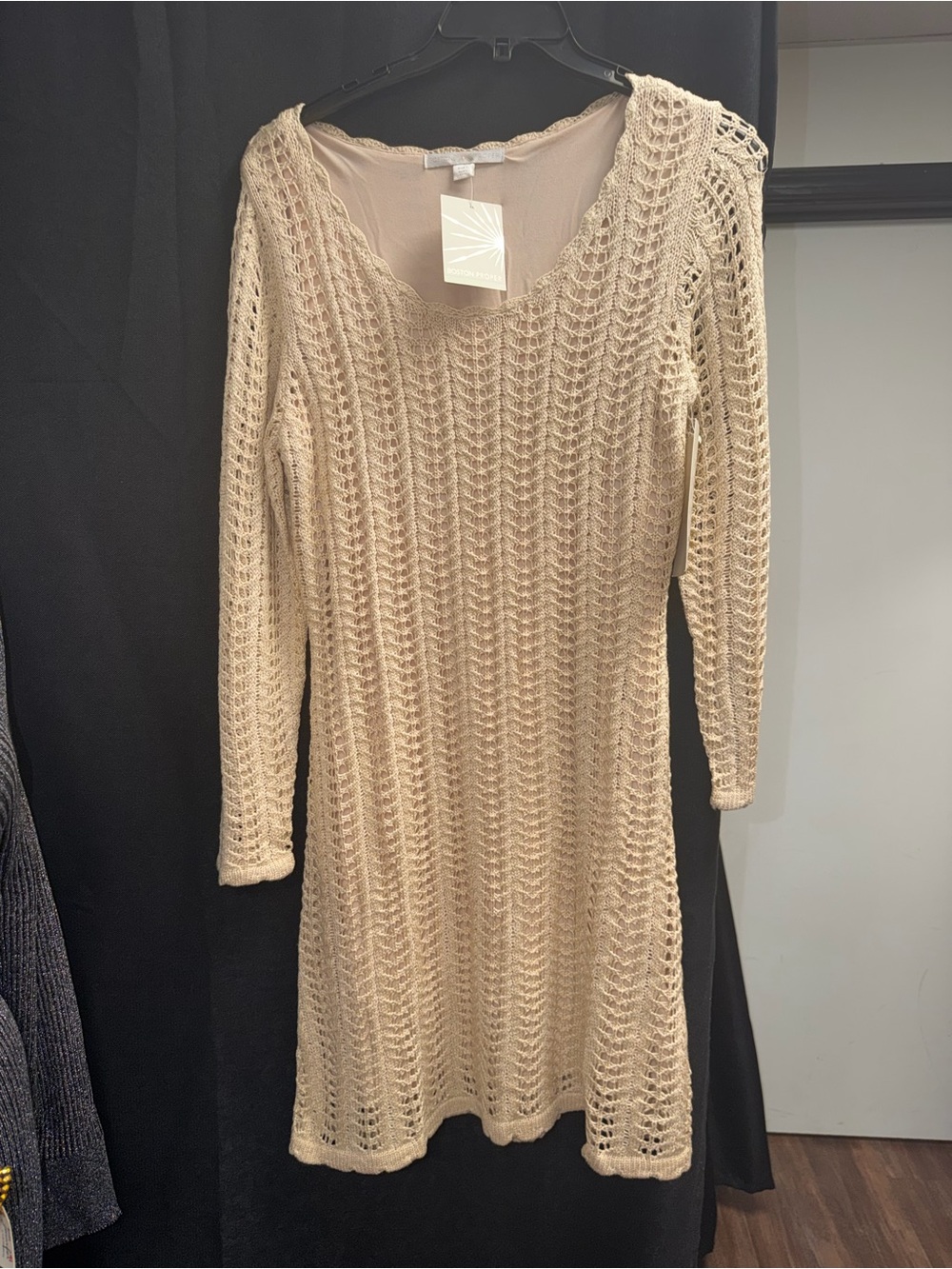 Beige Crochet Knit Long Sleeve Dress